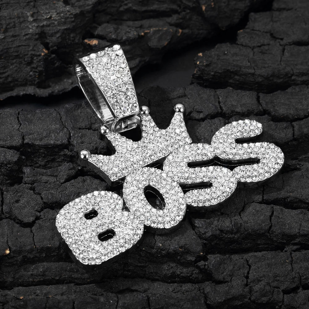 Men's Cool Hip-hop Rhinestone Letter BOSS Pendant Necklace, For Men Fashion Iced Out Bling Zircon Cuban Thick Chain