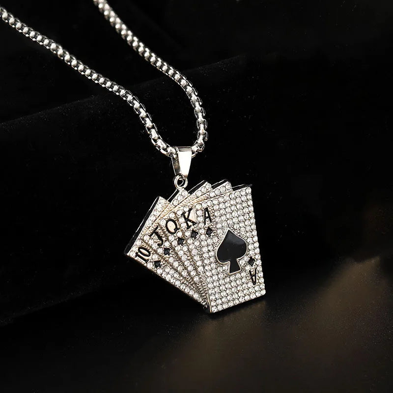 Punk Poker Card Pendant Necklace Full Crystal Playing Cards Red Black Hearts Spades ACE Charm Fashion Jewelry For Women Men
