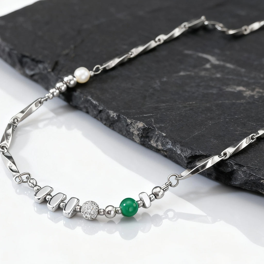 Green Stone Bead Chain Necklace — Stainless Steel