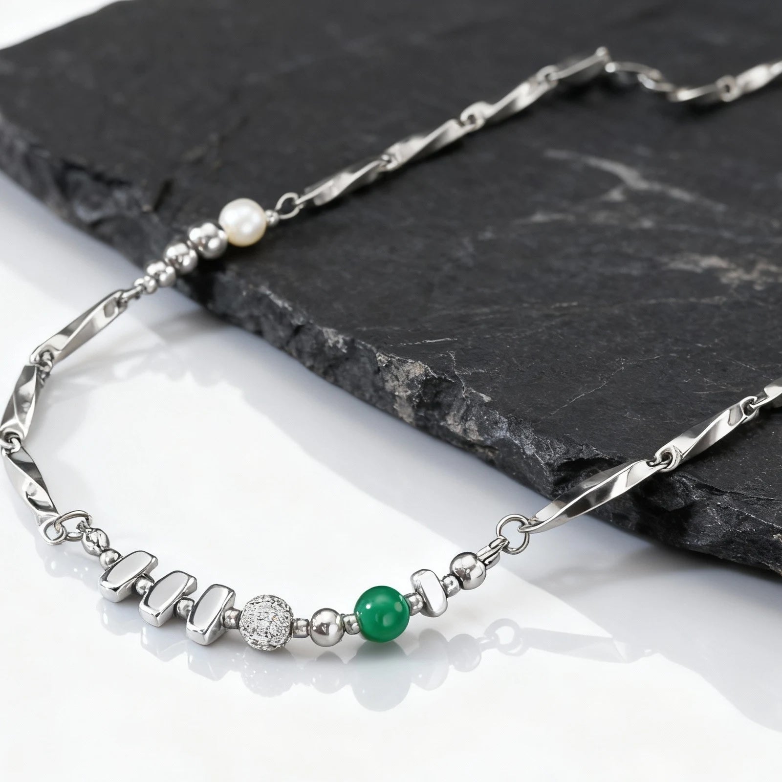 Green Stone Bead Chain Necklace — Stainless Steel
