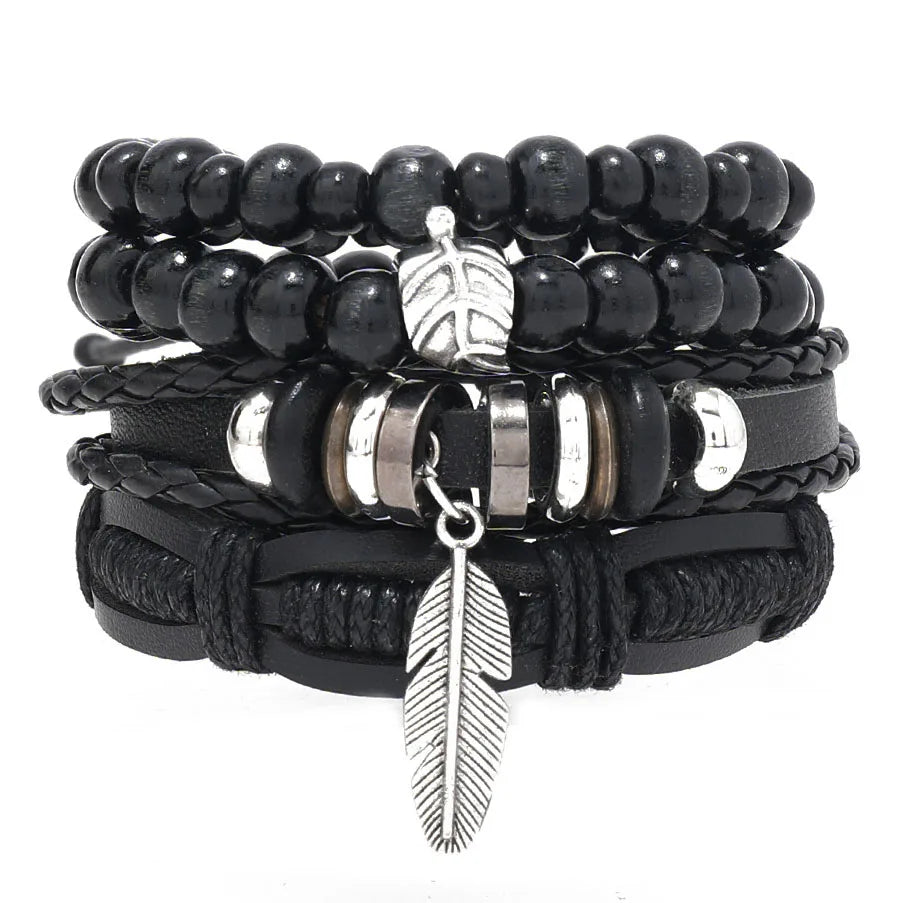 Leaf Pendant Bohemia Leather Bracelets for Men Women Ethnic Braid Rope Hand Woven Bracelet Drawstring Bracelet Beads Jewelry