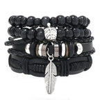 Leaf Pendant Bohemia Leather Bracelets for Men Women Ethnic Braid Rope Hand Woven Bracelet Drawstring Bracelet Beads Jewelry