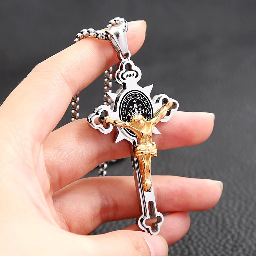 Vintage Christian Jesus Cross Pendant Necklace Men's Stainless Steel Religious Jesus Necklaces Prayer Baptism Jewelry Wholesale