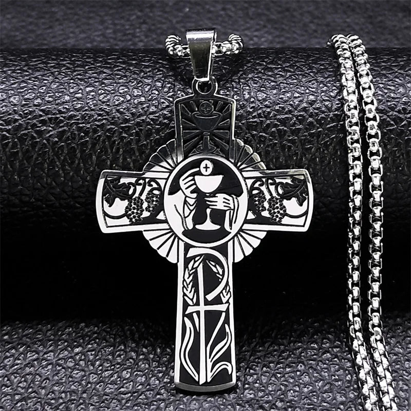 Christian Christ Eucharist Halo Grape Juice Cross Necklace Stainless Steel Men Women Catholic Holy Spirit Church Chain