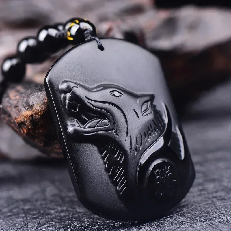 Vintage Natural Obsidian Dragon Pendant Necklace Zodiac Dragon Carved Chinese Mascot Amulet Lucky Men Necklace