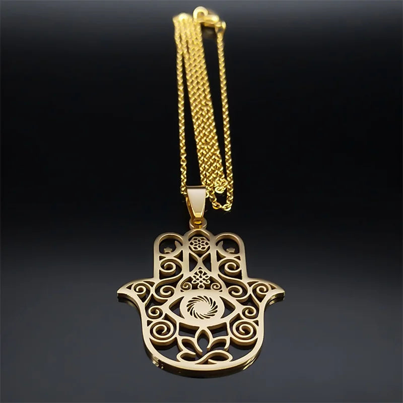 Hamsa Hand Muslims Judaism Hollow Necklace for Women Hand of Fatima Lotus Flower Stainless Steel Necklaces Jewelry Gift