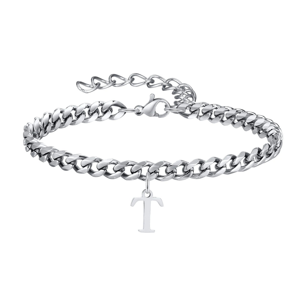 Vnox A-Z Initial Bracelets for Men Women, Never Fade Silver Color Stainless Steel Cuban Chain Bracelet with 26 Letter