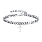 Vnox A-Z Initial Bracelets for Men Women, Never Fade Silver Color Stainless Steel Cuban Chain Bracelet with 26 Letter