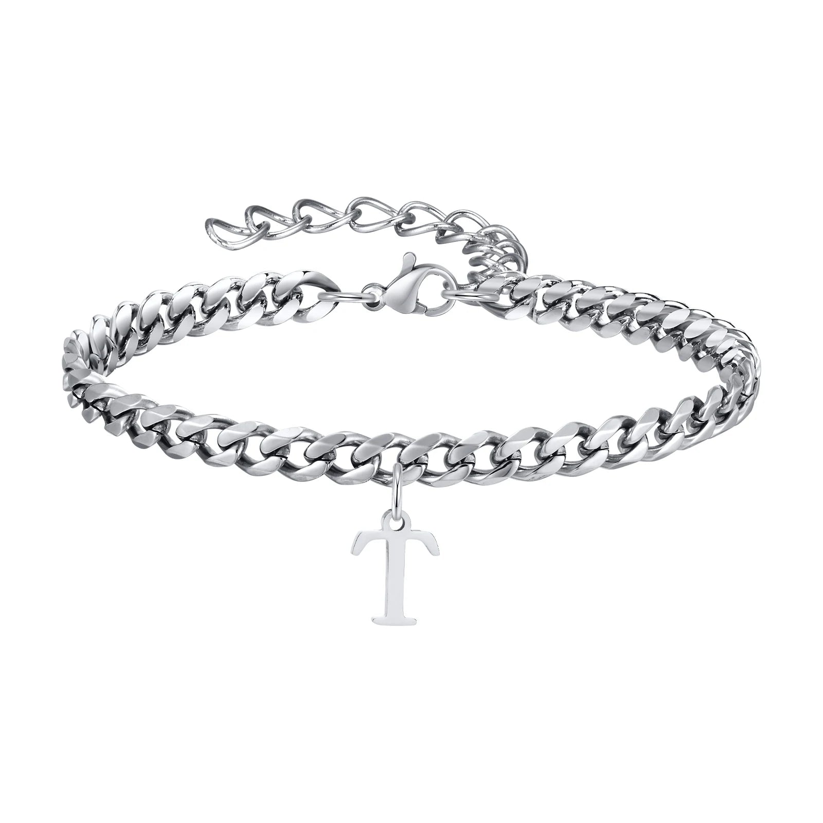 Vnox A-Z Initial Bracelets for Men Women, Never Fade Silver Color Stainless Steel Cuban Chain Bracelet with 26 Letter