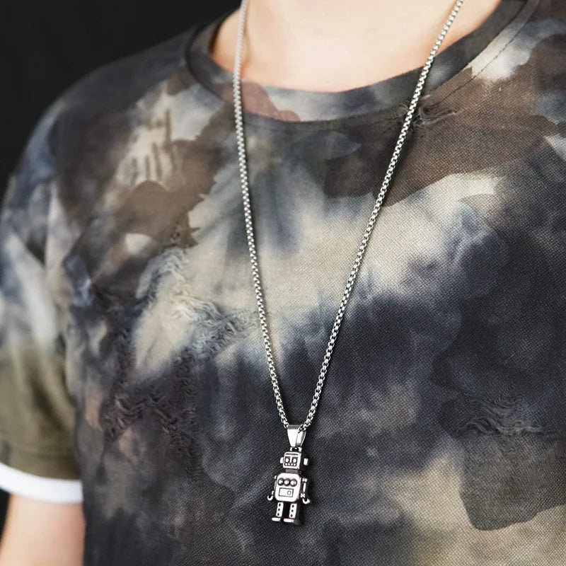 Silver Vintage Robot Pendant Necklace Box Chain