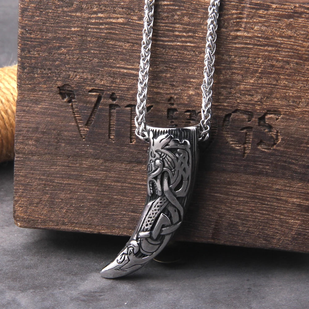 Viking Wolf Tooth Pendant Necklace - Stainless Steel Norse Rune & Celtic Knot, Men's Pagan Jewelry with wood box