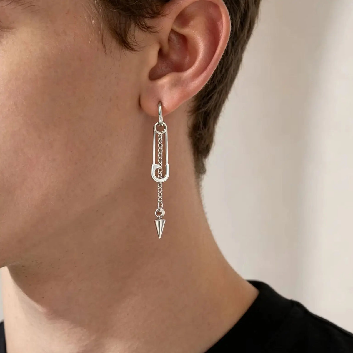Safety Pin Rivet Chain Tassel Dangle Earrings — Stainless Steel
