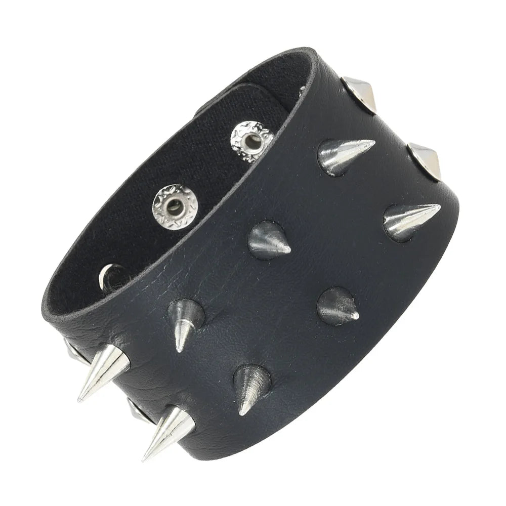 Gothic Spike Stud Leather Cuff Bracelet — Two-Tone