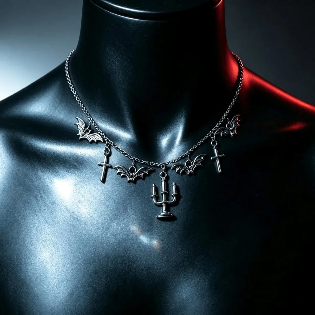 2027 Gothic Bat Cross Candelabra Pendant Necklace Dark Grunge Alloy Choker for Women Retro Halloween Party Alt
