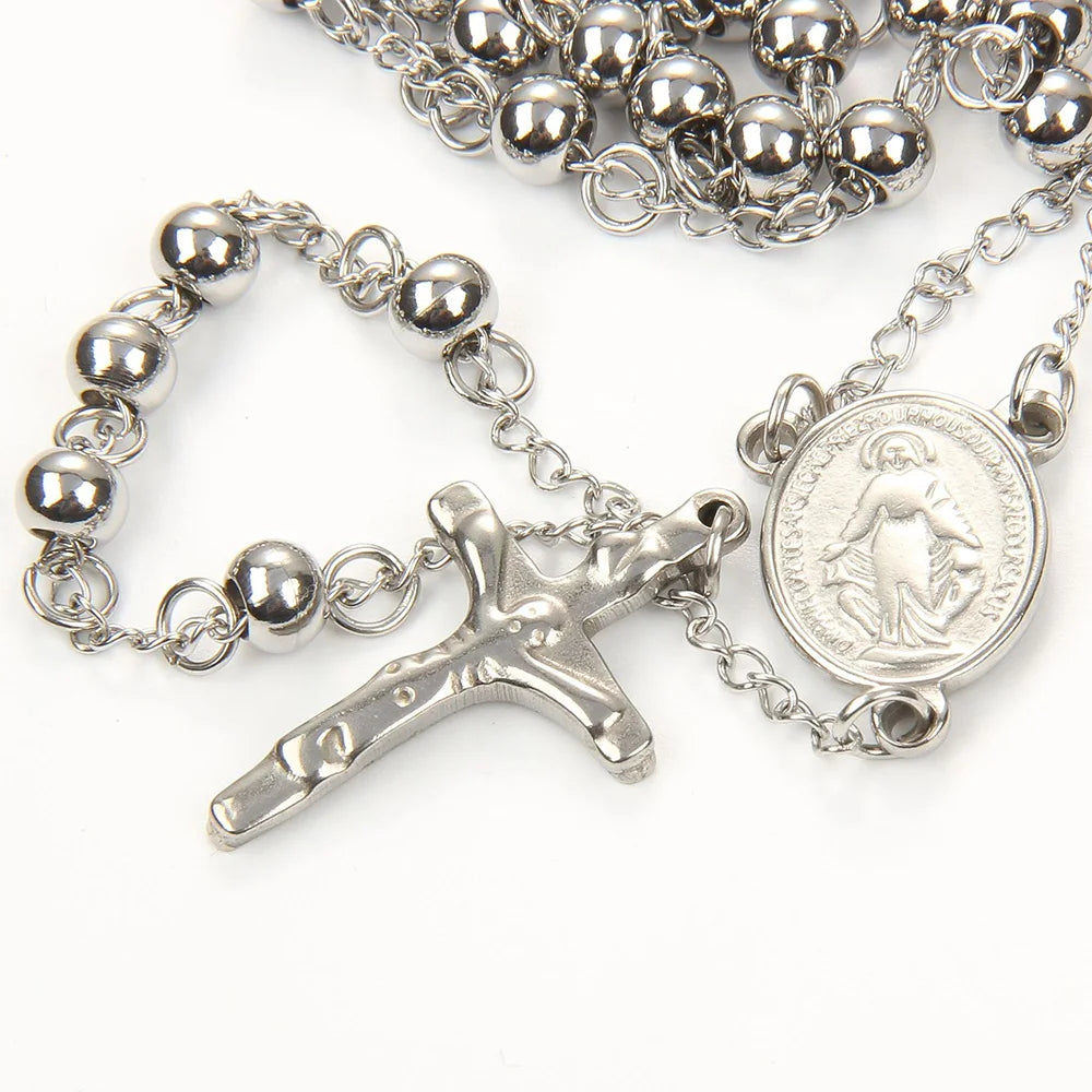 Saint Benedict Virgin Mary Rosary Necklace — Stainless Steel