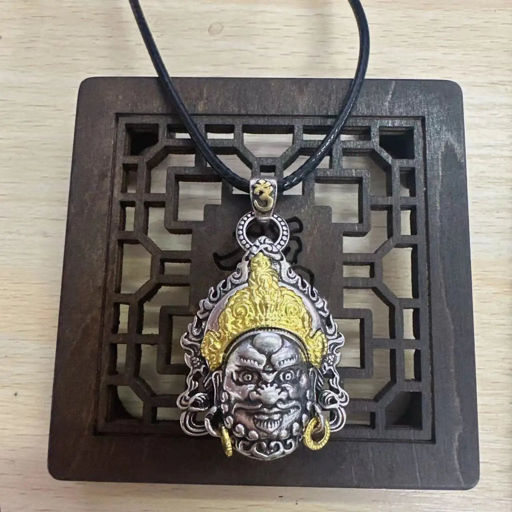 Vintage Plated Thai Silver Yellow God of Wealth Necklace, Gilded Buddha Statue Pendant, Holiday Birthday Gift