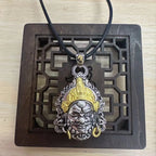 Vintage Plated Thai Silver Yellow God of Wealth Necklace, Gilded Buddha Statue Pendant, Holiday Birthday Gift