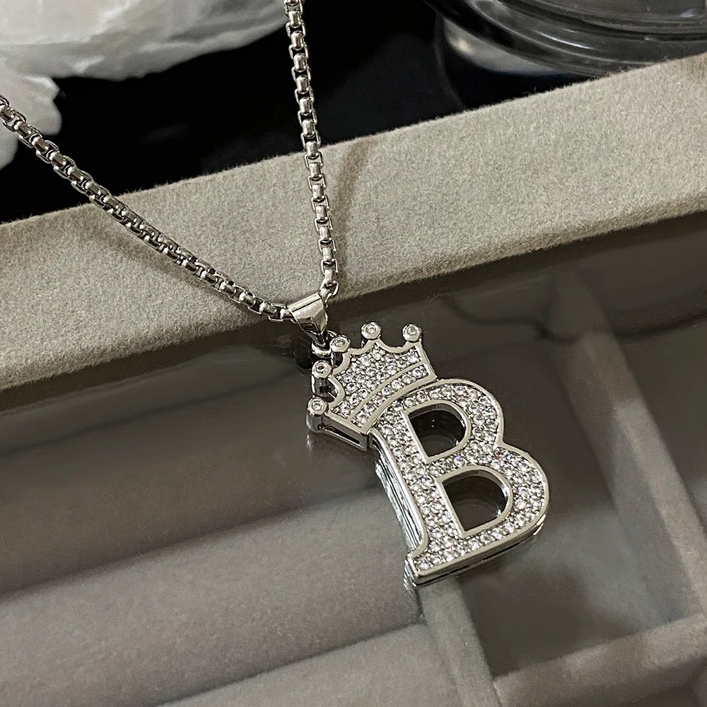 Freetry 26 Letters A-Z Zircon Crown Pendant Necklace for Women Men Punk Initial Alphabet Necklaces Hip Hop Choker Chain