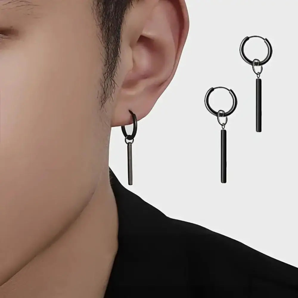 Square Strip Pendant Hoop Earrings Black Y2K — Stainless Steel
