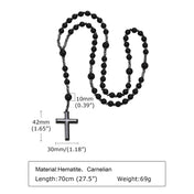 Retro Natural Stone Black Hematite Beaded Necklace Cross Pendant Beads Chain Long Necklace for Men Stylish Religious Jewelry