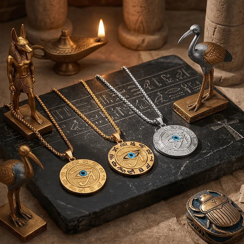 Ancient Egyptian Eye of Horus & Evil Eye Stainless Steel Necklace, 3 Colors Optional | Retro Mystic Symbol Pendant