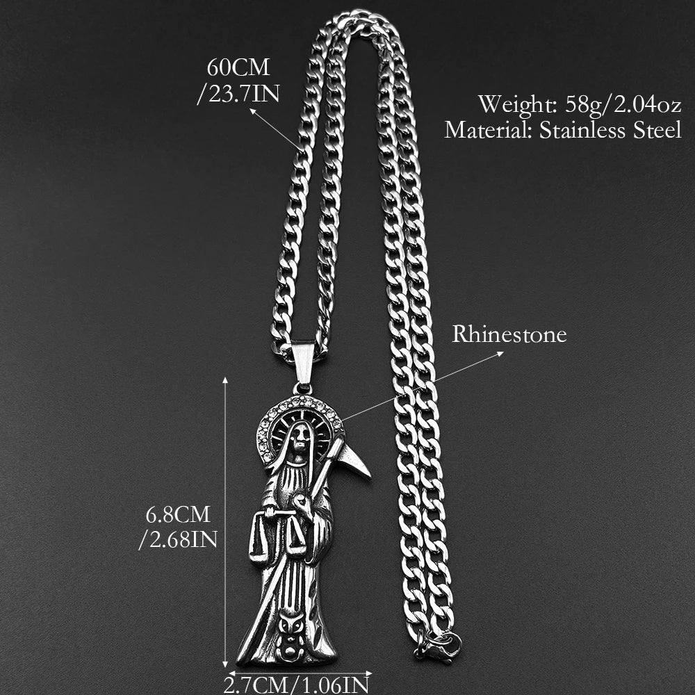 Holy Saint Death Santa Muerte Grim Reaper Necklace for Men Stainless Steel Silver Color Male Necklaces Jewelry Gift NZZ518S05