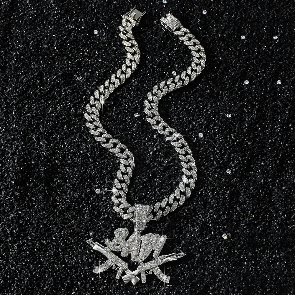 New Men Hip Hop Iced Out Bling AK47 Gun Pendant Necklace with 13mm Miami Cuban Chain HipHop Letter BABY Necklace Fashion Jewelry