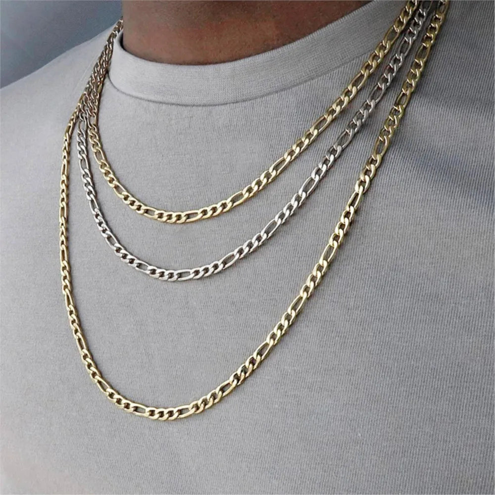 Gold Figaro Cuban Chain Necklace 3MM Stainless Steel