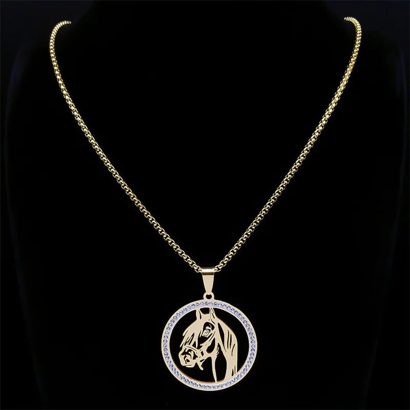 Horses Head Pendant Necklace for Men Women Stainless Steel Crystal Animal Chain Horse Accessories Jewelry Colar