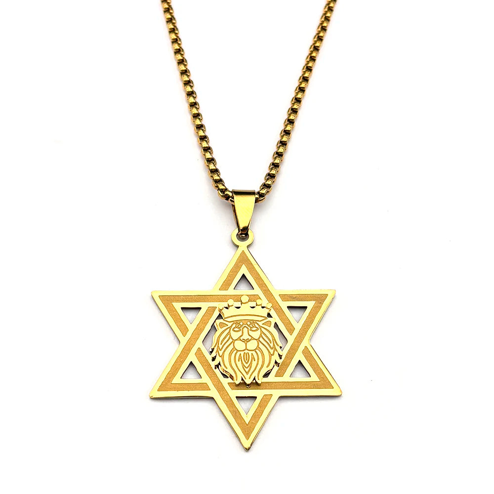 Star of David Lion of Judah Pendant Necklace — Gold-Tone Steel