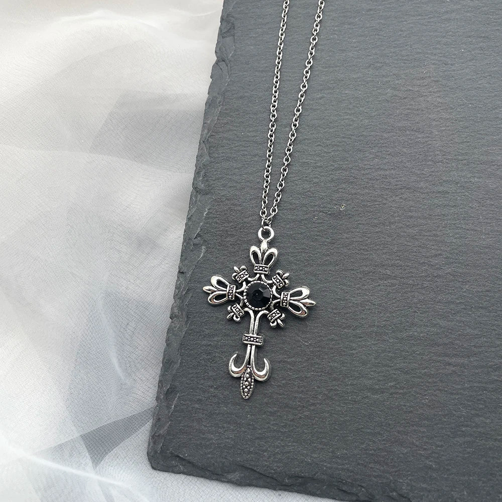 Y2k Black Series Cross And Bat Pendants Unisex Necklace Stainless Steel Chain Jewelry for Men And Women