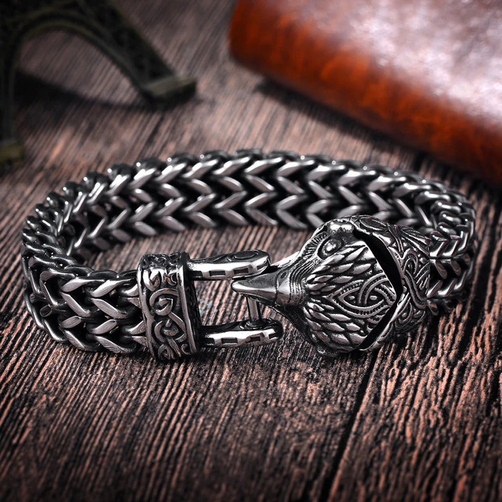 Nordic Viking Jewelry Punk Wolf Dog Snake Eagle Head With Double Mesh Link Chain Man Bracelet for Mn 19/21/23CM Long