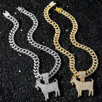 Men Hip Hop Fashion Full Rhinestone Animal Goat Pendant Necklace with 13mm Miami Cuban Chain Necklaces Rapper Rock
