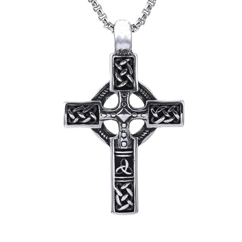 Vintage Celtic Cross Pendant Necklace Men's — Silver-Tone