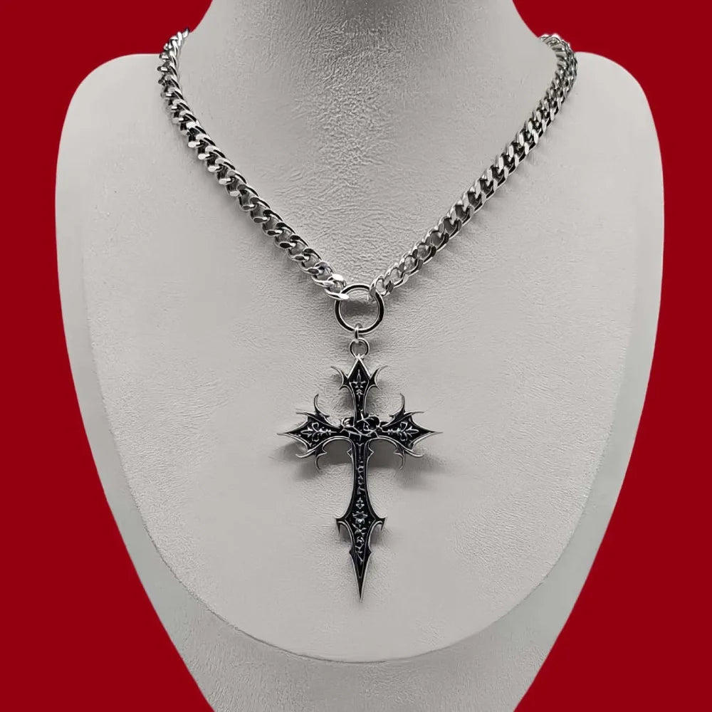 Gothic Rose Cross Pendant Choker Necklace — Stainless Steel