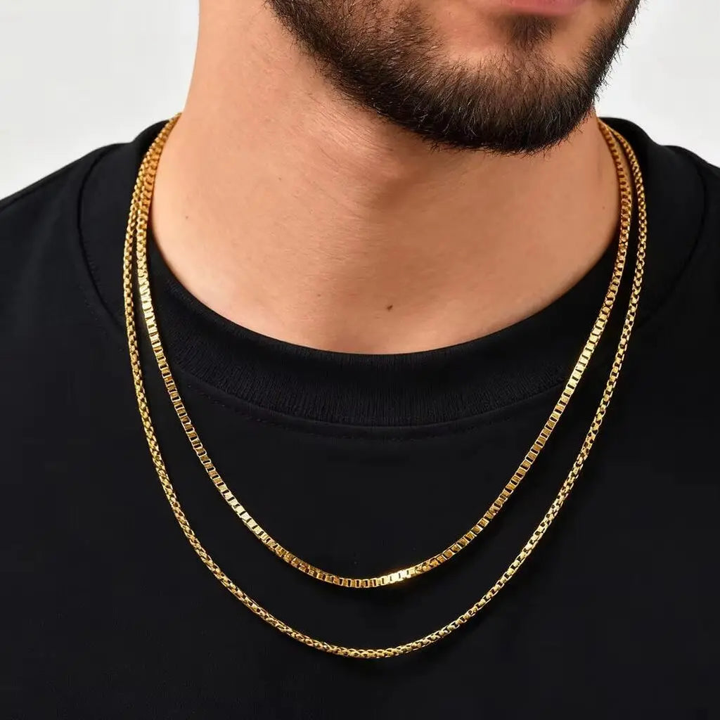 Two-Tone Box Chain Necklace Set — Stainless Steel