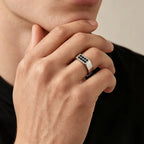 Men's Black Zircon Stainless Steel Ring, High Polished Silver Color Chunky Square Signet Ring, Punk Fashion Jewelry US