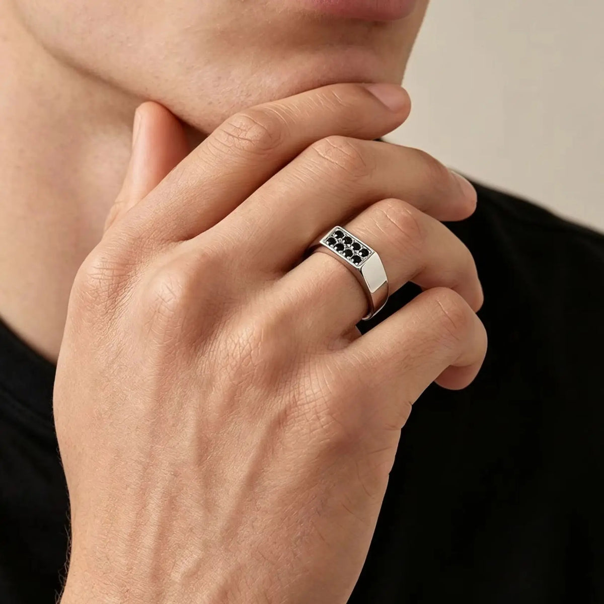 Men's Black Zircon Stainless Steel Ring, High Polished Silver Color Chunky Square Signet Ring, Punk Fashion Jewelry US