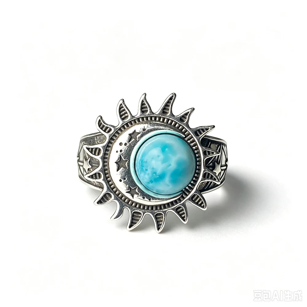 Sun Star Moon Cabochon Ring — Silver-Tone Bohemian