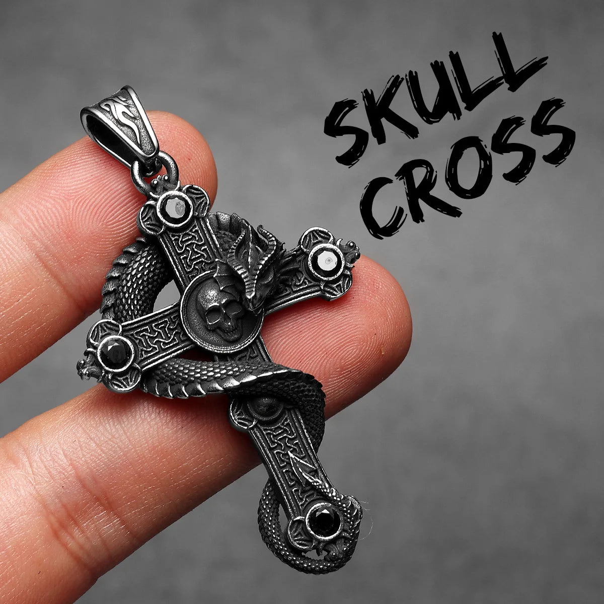 Skull Dragon Cross Pendant Necklace — Steel
