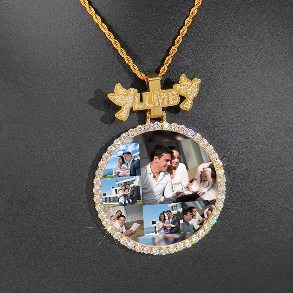 Iced Out Letter Photo Pendant Necklace 68MM Circle