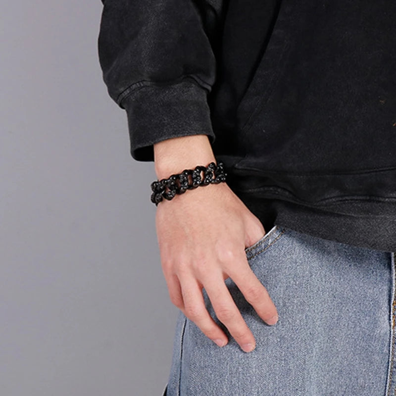 Personalized Skull Bracelet Men‘s Punk Chunky Stainless Steel Accessories Polished Gold Color Cuban Chain Trendy Jewelry