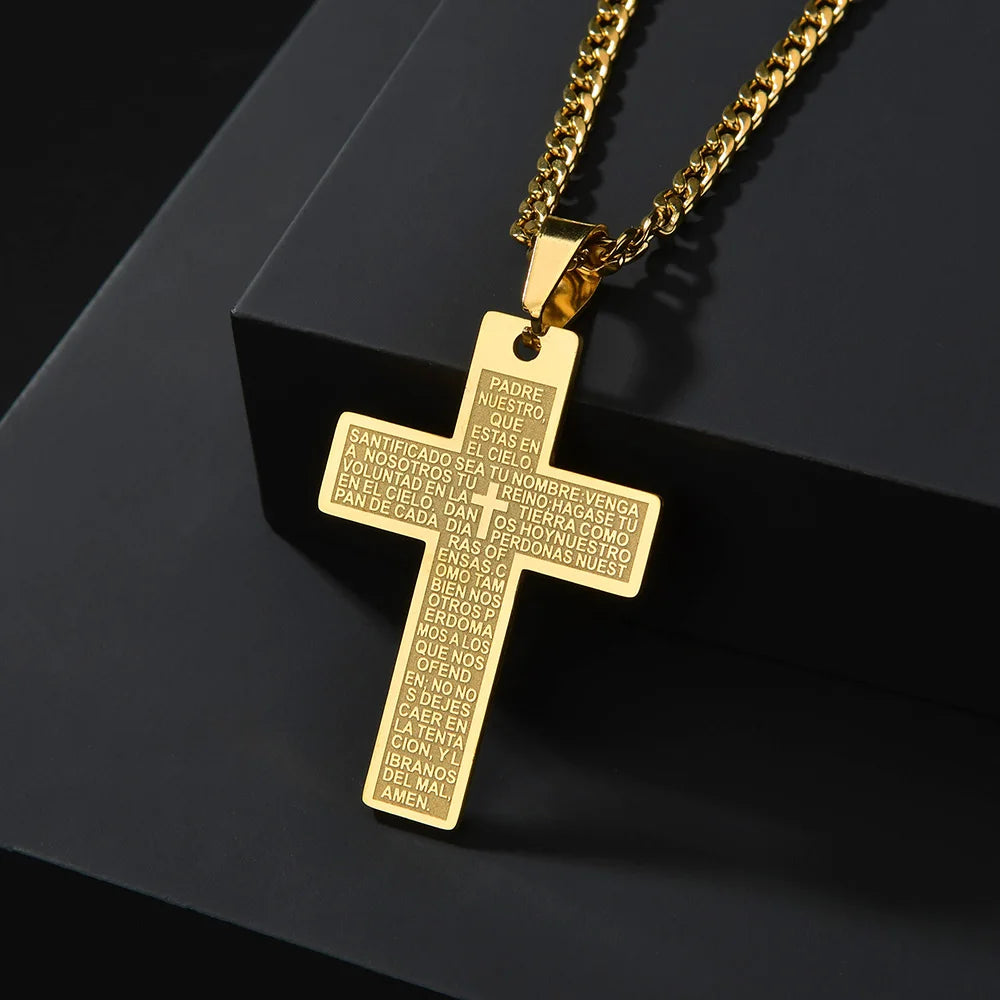 Gold Bible Cross Pendant Necklace — Stainless Steel
