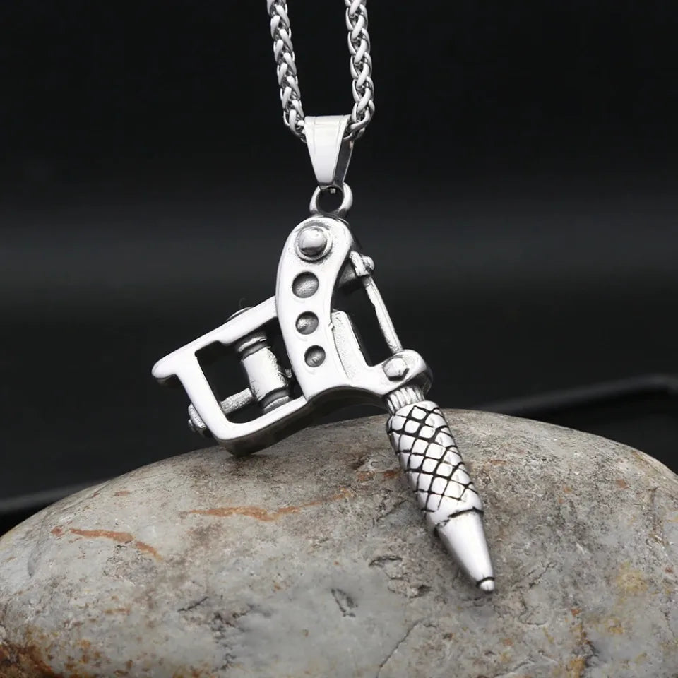 Vintage Stainless Steel Tattoo Machine Tool Pendant Necklace For Men Women Punk Hip Hop Tattoo Artist Gifts Jewelry