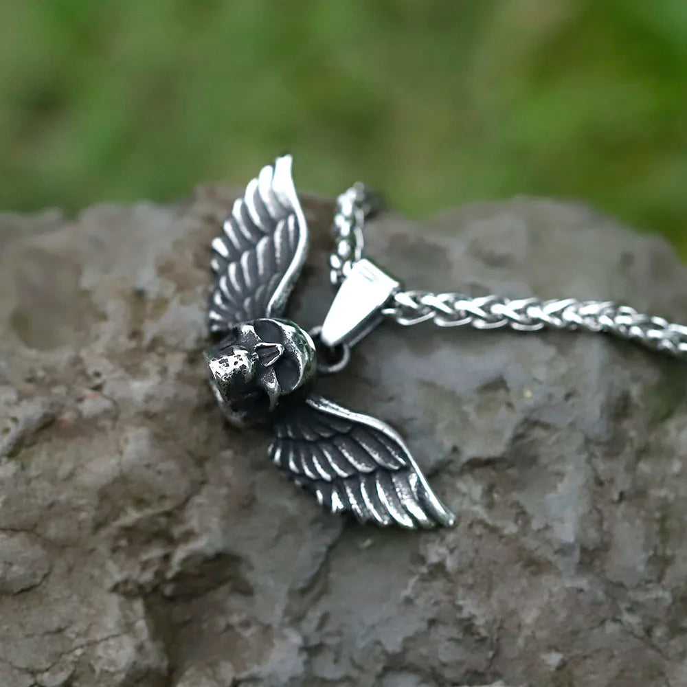 NEW Men's 316L stainless-steel Vintage Angel wing skull Rock Pendant Necklace for teens punk Jewelry free shipping