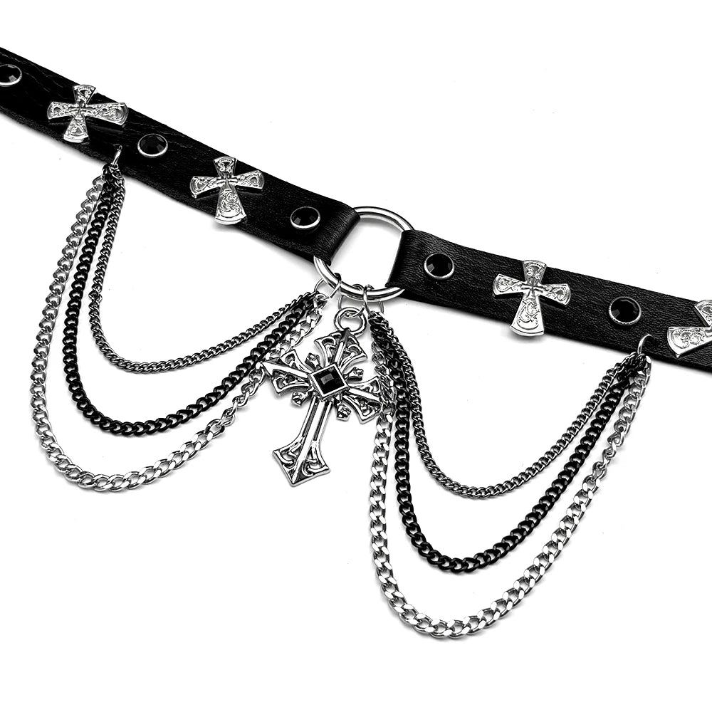 Gothic Cross Leather Choker Necklace — Silver
