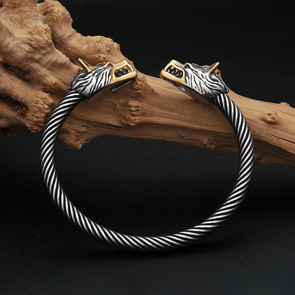 Viking Double Wolf Head Bracelet — Stainless