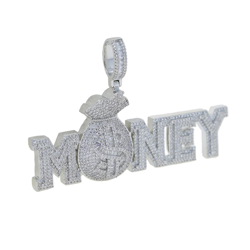 New Hip Hop Money Pendant Necklace Gold Color Iced Out Bling CZ Cubic Zirconia Letters Rich Dollar Charm Men Women