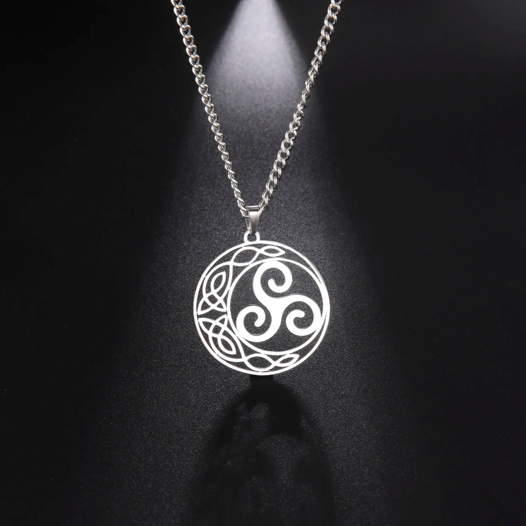 Celtic Triskele Crescent Moon Pendant Necklace — Stainless Steel