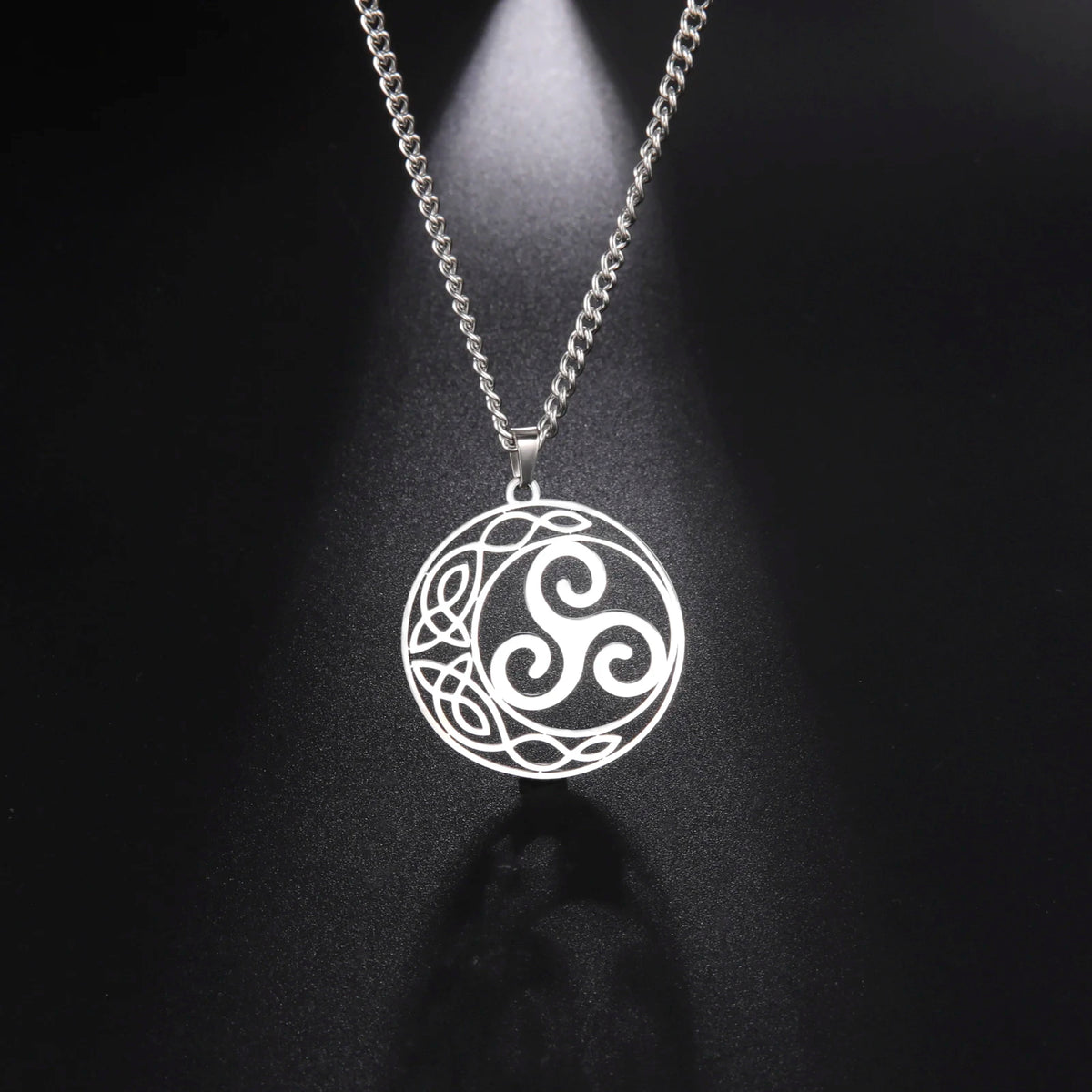 Celtic Triskele Crescent Moon Pendant Necklace — Stainless Steel
